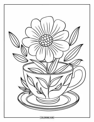 Coloriage de tasse à thé pour enfants : Tasse ornée d'une grande fleur et de petites feuilles