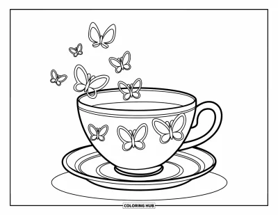 Coloriage de tasse à thé pour enfants : Tasse ornée de papillons le long du rebord sur une soucoupe