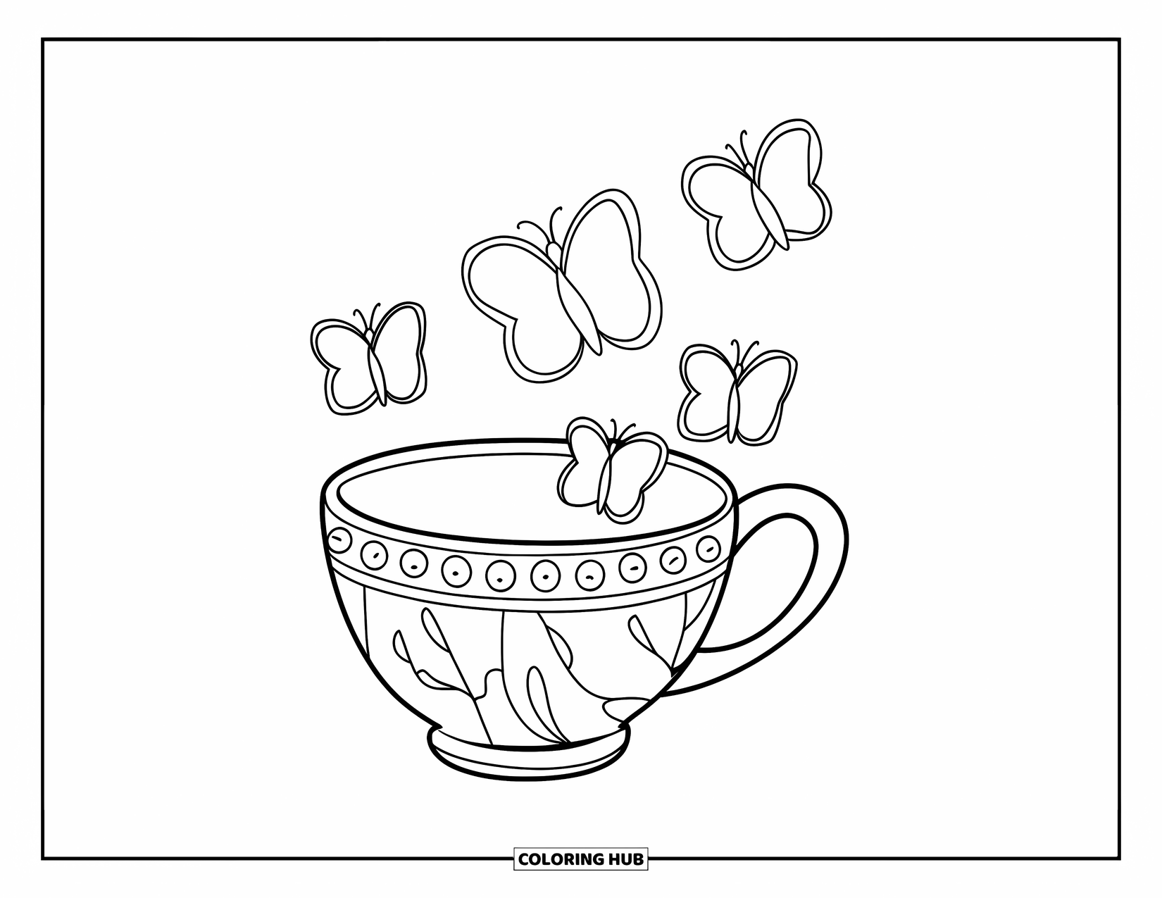 Teacup Coloring Page for Kids: Teacup with butterfly outlines dancing along rim