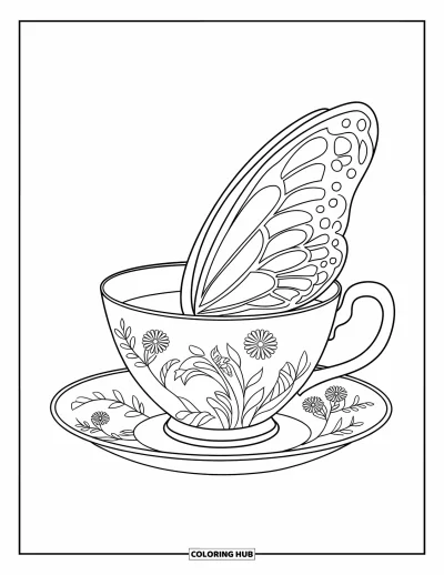 Coloriage de tasse à thé pour enfants : Tasse à rebord de papillons avec des motifs floraux sur soucoupe