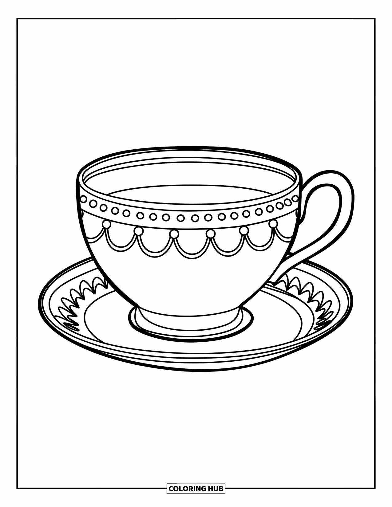 Teacup Coloring Page for Kids: Teacup with dotted border and scalloped rim