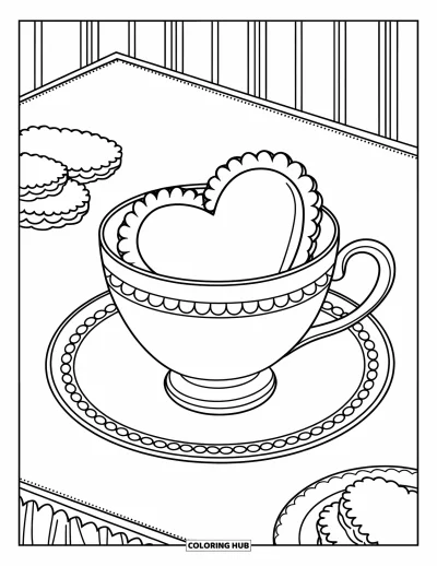Coloriage de tasse à thé pour enfants : Tasse à festons à pois avec un biscuit en forme de cœur à l'intérieur