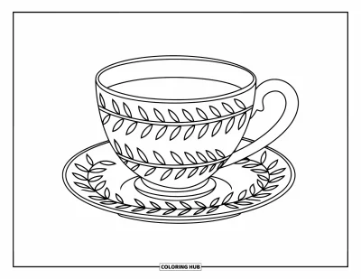 Coloriage de tasse à thé pour enfants : Tasse gravée de motifs de feuilles sur une soucoupe