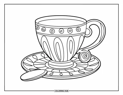 Coloriage de tasse à thé pour enfants : Tasse à anse en spirale avec une cuillère sur le côté