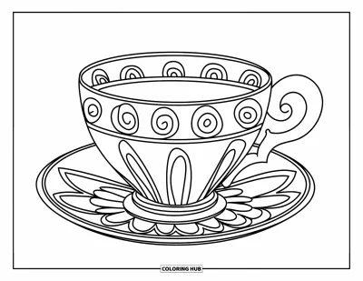 Coloriage de tasse à thé pour enfants : Tasse à spirales et grosse anse courbée sur une soucoupe fleurie