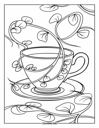 Coloriage de tasse à thé pour enfants : Tasse ornée de vignes tourbillonnantes et de feuilles rondes sur une soucoupe