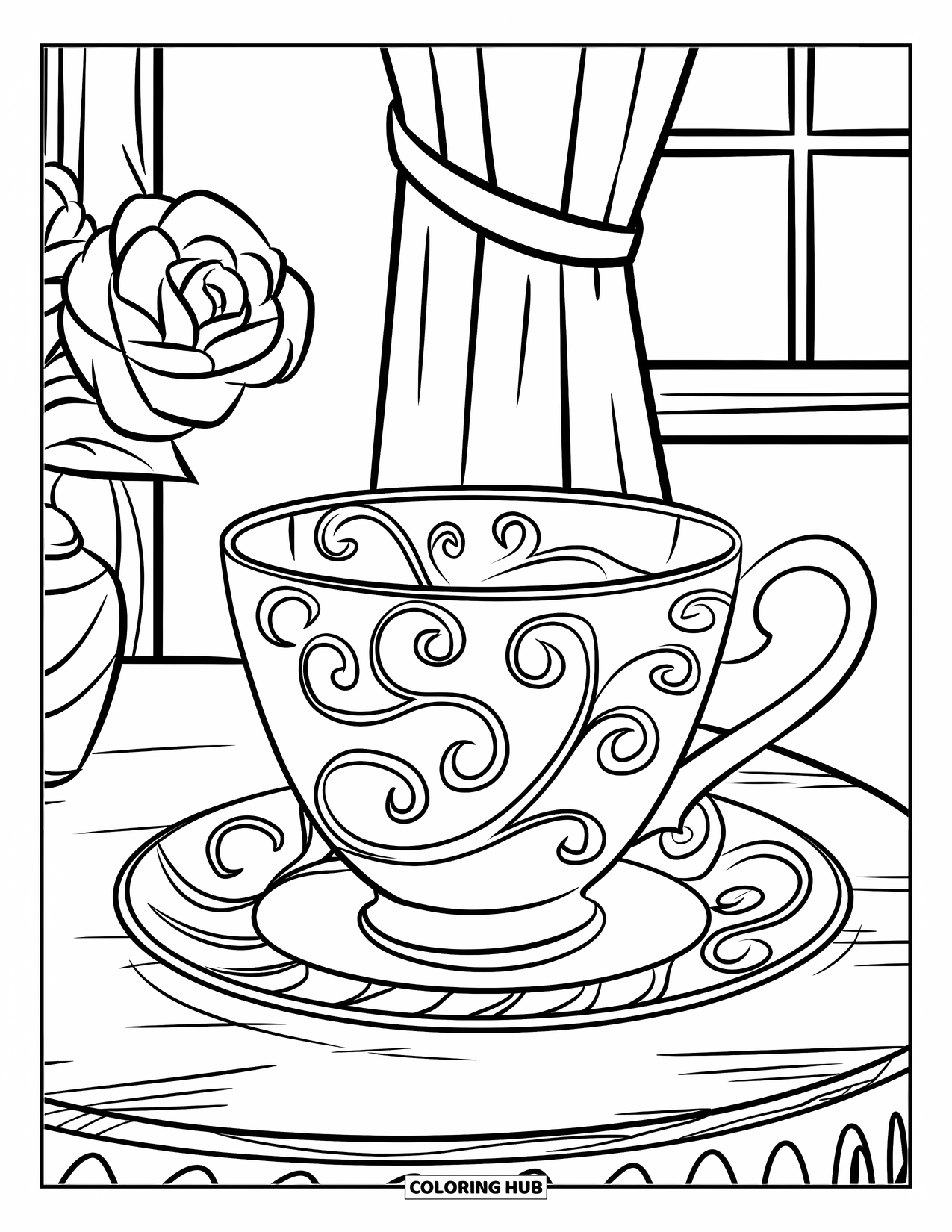 Teacup Coloring Page for Kids: Teacup with vines, roses in a vase, and a window view