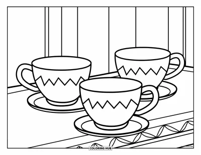 Coloriage de tasse à thé pour enfants : Trois tasses en zigzag sur une table aux lignes ludiques et généreuses