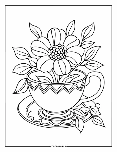 Coloriage de tasse à thé pour enfants : Tasse de style vintage avec une fleur au centre et un tour de feuilles