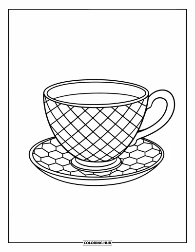 Coloriage de tasse à thé pour enfants : Grande tasse à carreaux posée sur une petite soucoupe ronde