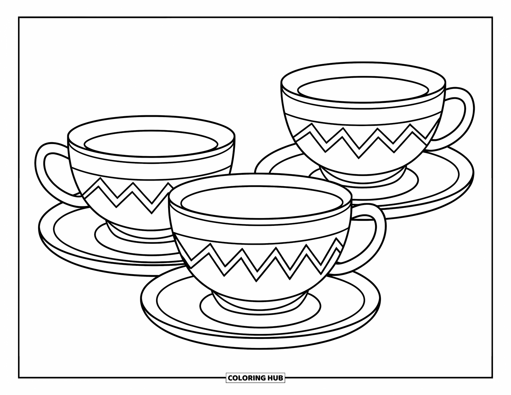 Teacup Coloring Page for Kids: Zigzag teacups with thick outlines and cheerful style