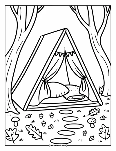 Coloriage de tente pour adultes : Tente en A entre des arbres avec des guirlandes de fanions, un oreiller et des tas de feuilles à l'entrée