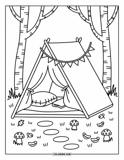 Coloriage de tente pour adultes : Tente en A avec couverture à l'intérieur, guirlandes de fanions, champignons et petits glands