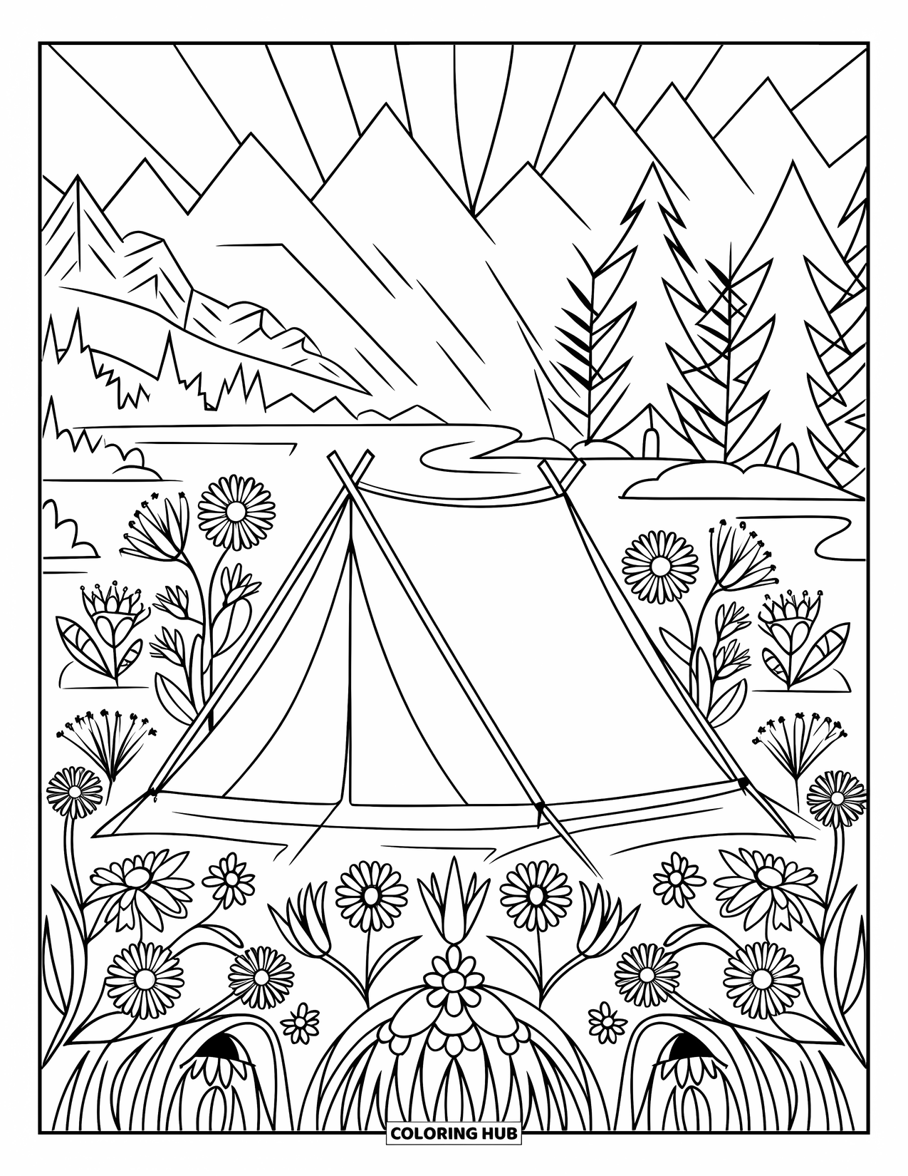 Tent Coloring Page for Adults: Camping tent in a mandala of wildflowers with mountains and water in the background