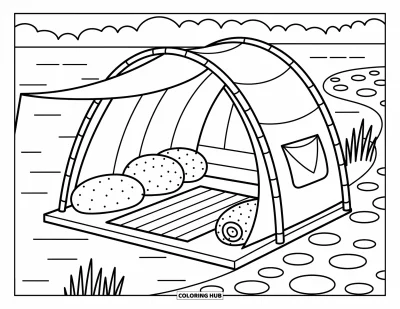 Coloriage de tente pour adultes : Tente à auvent avec des coussins au bord d'un lac paisible, encadrée de pierres et de roseaux