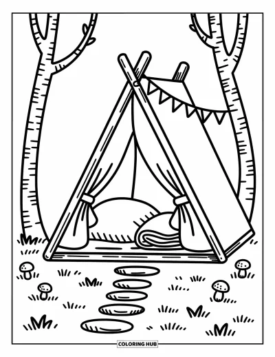 Coloriage de tente pour adultes : Tente classique nichée entre des arbres avec des guirlandes de fanions, un oreiller moelleux et des détails naturels