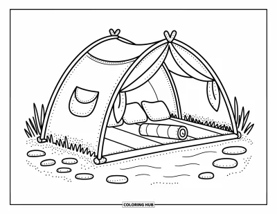 Coloriage de tente pour adultes : Tente arrondie au bord du lac avec une installation de pique-nique, des coutures rebondies et un rivage délicat