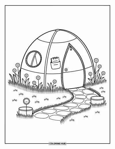 Coloriage de tente pour adultes : Jolie tente dôme avec poche pour carnet, fleurs sauvages et chemin sinueux