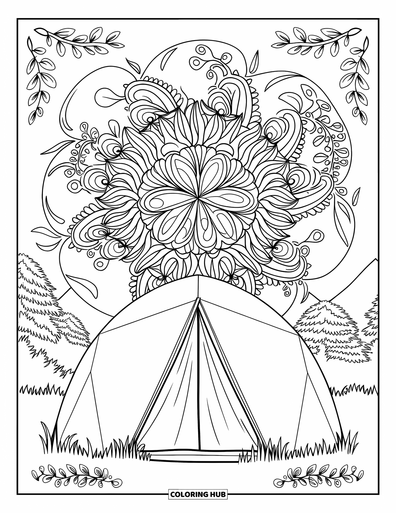 Tent Coloring Page for Adults: Dome tent in the center of swirling botanical mandalas with mountains beyond