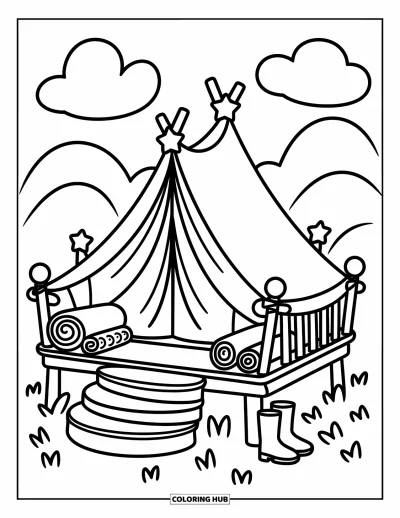 Coloriage de tente pour adultes : Tente dôme sur une plateforme avec piquets étoilés, couvertures roulées et marches arrondies