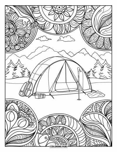 Coloriage de tente pour adultes : Tente dôme avec équipement de camping, entourée de mandalas floraux circulaires et de nature