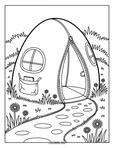 Coloriage de tente pour adultes : Tente dôme avec entrée à fermeture éclair, poche et carnet, entourée de fleurs sauvages