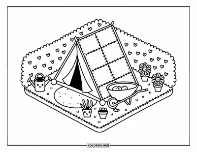 Coloriage de tente pour adultes : Tente en patchwork dans un coin de jardin avec des pots de fleurs, des lianes et des outils de jardinage