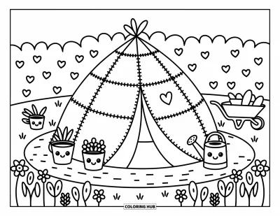 Coloriage de tente pour adultes : Tente en patchwork dans un recoin de jardin avec des pots de fleurs, une brouette et des haies feuillues