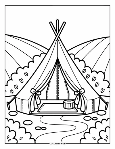 Coloriage de tente pour adultes : Tente pointue aux rabats et rubans qui dépasse des buissons près d'un ruisseau sinueux