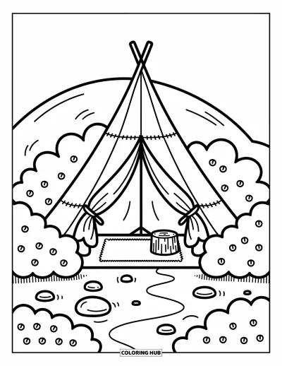 Coloriage de tente pour adultes : Tente pointue aux rabats noués avec des rubans, entourée d'arbustes et de galets près d'un ruisseau