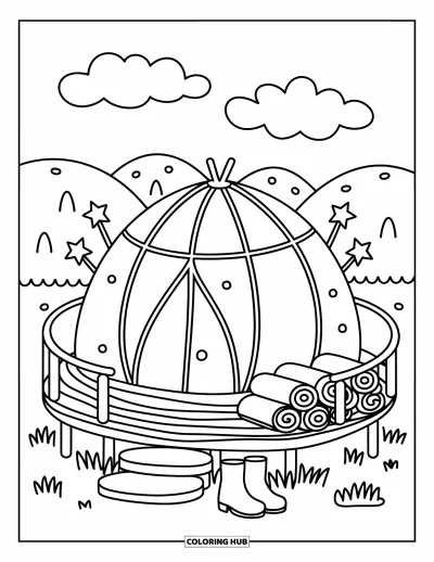 Coloriage de tente pour adultes : Tente dôme rebondie sur une plateforme en bois avec des bottes, des piquets étoilés et de douces collines