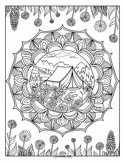Coloriage de tente pour adultes : Mandala radial avec une tente et des fleurs sauvages sur fond de paysage montagneux