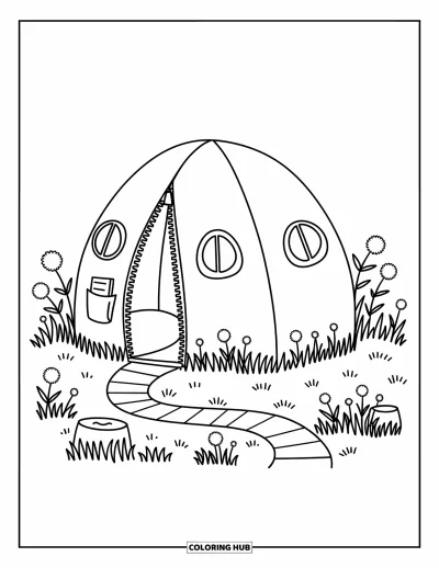 Coloriage de tente pour adultes : Tente ronde avec fenêtres, sentier et fleurs sauvages dans une prairie herbeuse