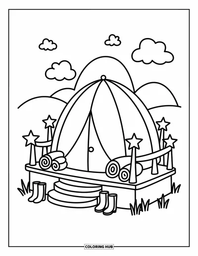 Coloriage de tente pour adultes : Tente dôme douce sur une plateforme avec des marches, des couvertures et des nuages duveteux au-dessus