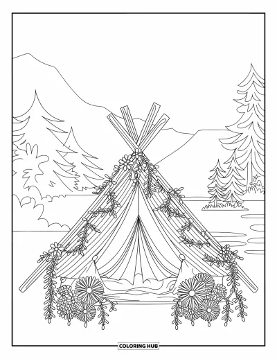 Coloriage de tente pour adultes : Tente de glamping rayée enveloppée de lianes et de fleurs, installée près de l'eau et des arbres