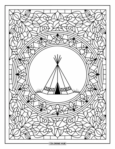 Coloriage de tente pour adultes : Tipi encadré de motifs vitrail de lianes, d'étoiles et de feuilles