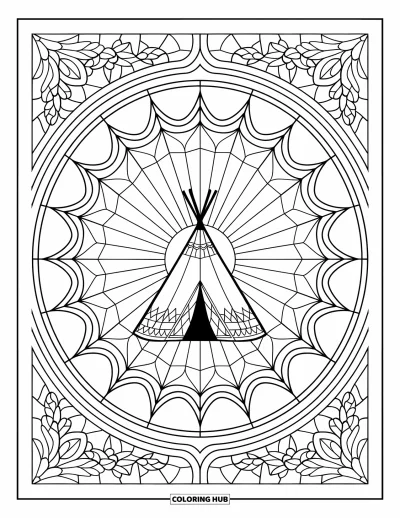 Coloriage de tente pour adultes : Tente tipi au centre d'un motif vitrail d'étoiles et de feuilles