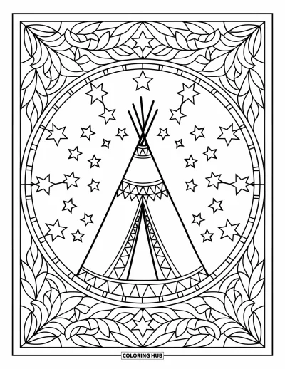 Coloriage de tente pour adultes : Tente tipi dans un mandala céleste de feuilles et d'étoiles en vitrail