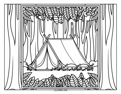 Coloriage de tente pour adultes : Tente parmi les arbres avec une bordure de dentelle botanique et un fond forestier