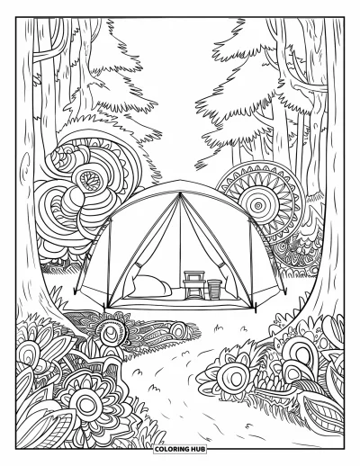Coloriage de tente pour adultes : Tente parmi les arbres avec des lianes en mandala et un sentier forestier sinueux