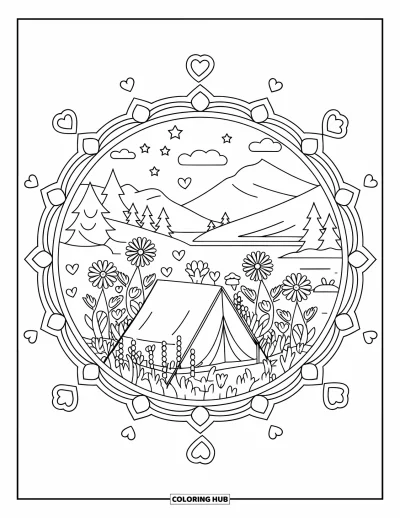 Coloriage de tente pour adultes : Tente et fleurs sauvages disposées en mandala avec des étoiles, des cœurs et un panorama naturel
