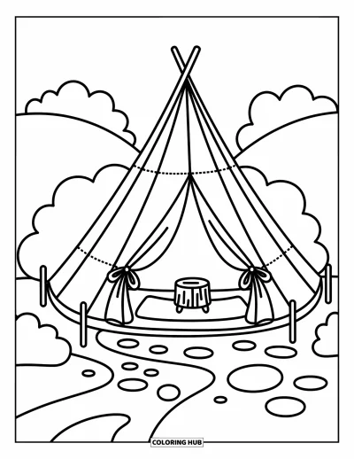 Coloriage de tente pour adultes : Tente derrière des buissons doux avec un tabouret en rondin, un tapis et un panneau cousu