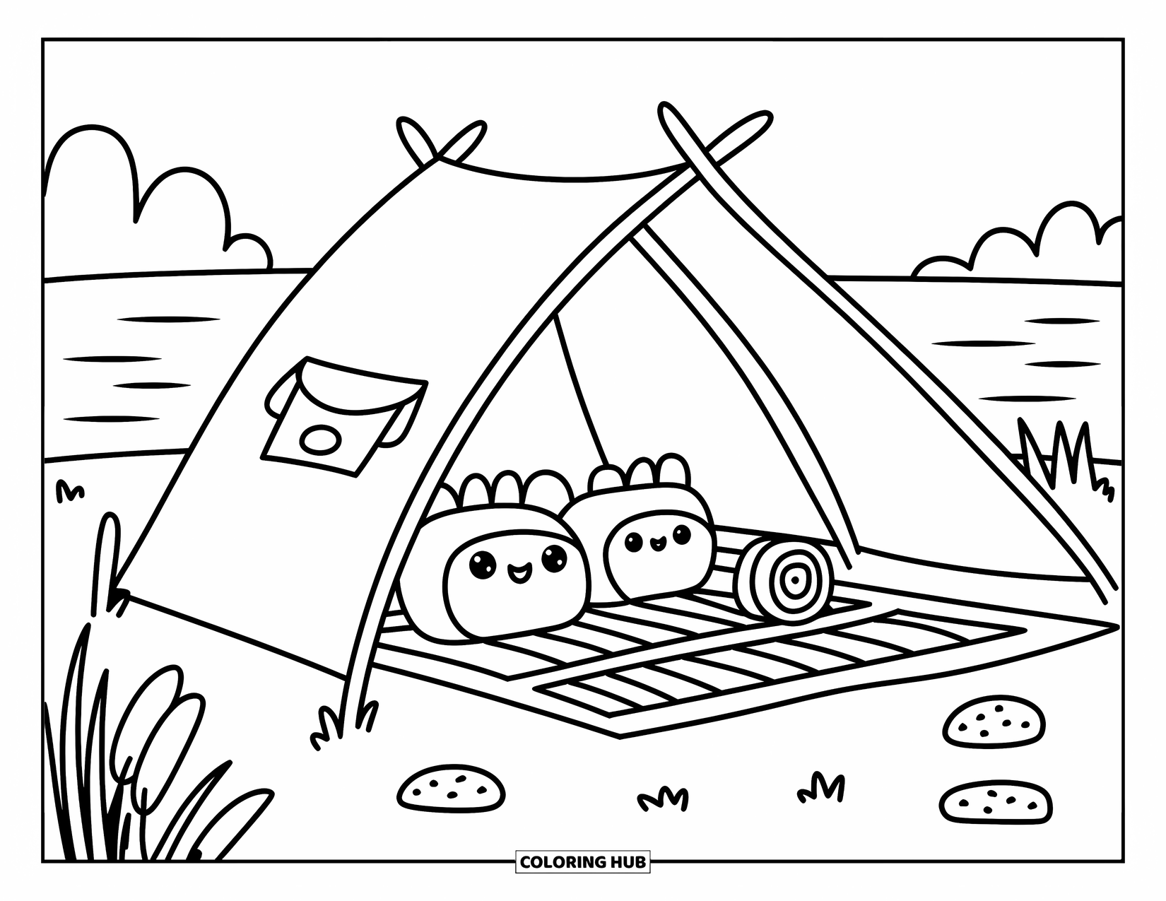 Tent Coloring Page for Adults: Tent by a lake with canopy, cushions, and picnic mat in a cozy lakeside setup