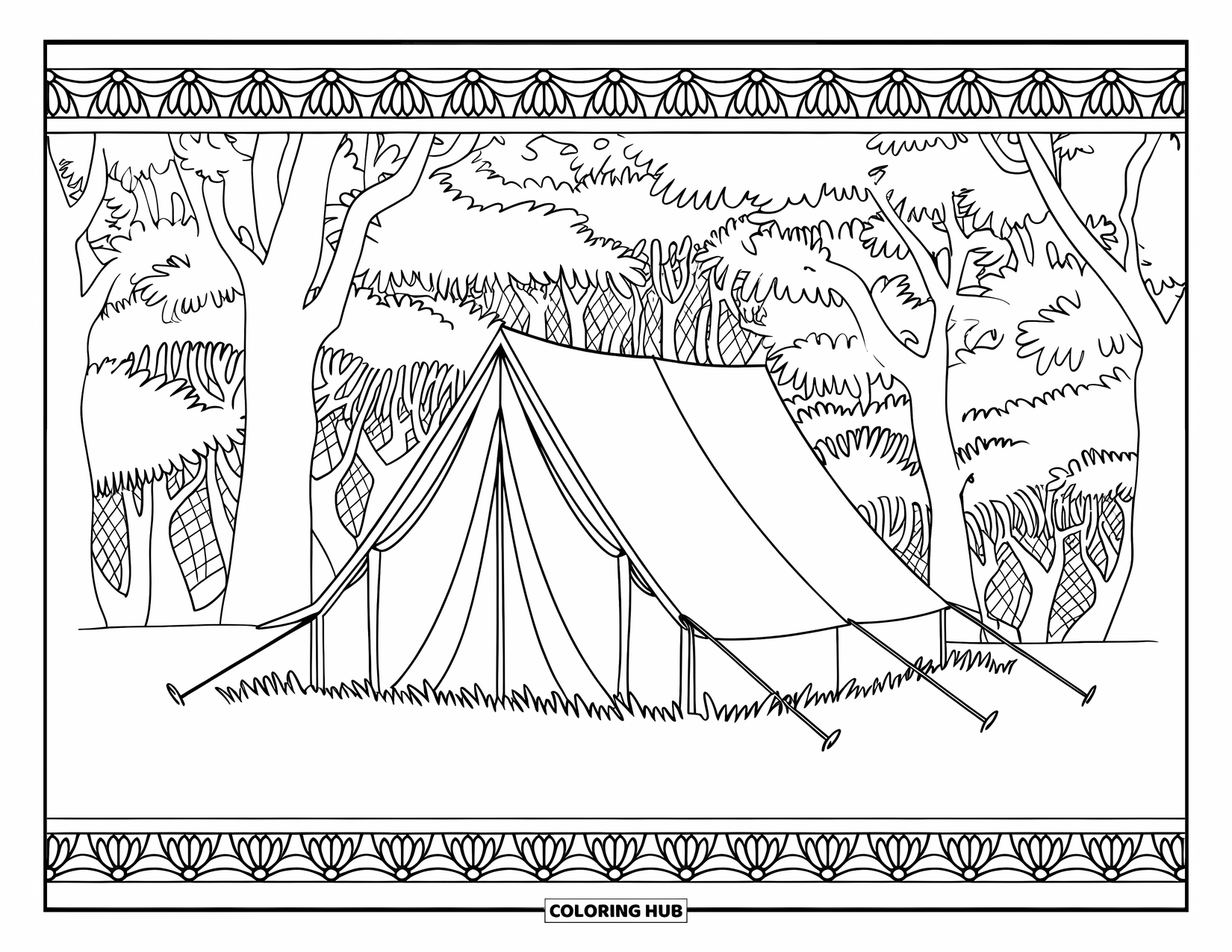 Tent Coloring Page for Adults: Tent in a forest with lacework border and intricate tree patterns