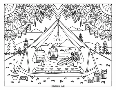 Coloriage de tente pour adultes : Vue intérieure d'une tente avec la nature au-dehors, encadrée de mandalas aux icônes de camping