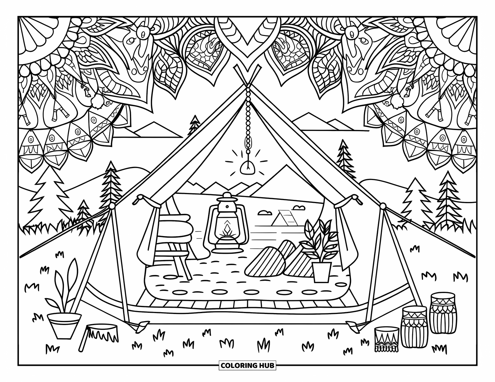 Tent Coloring Page for Adults: Tent interior view with nature outside, framed by camping icon mandalas