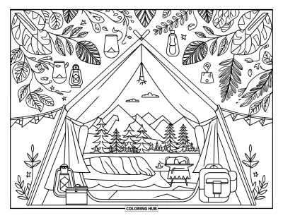 Coloriage de tente pour adultes : Intérieur de tente avec sac à dos et réchaud, entouré de mandalas sur le thème du camping
