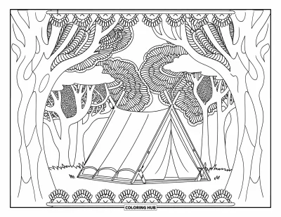 Coloriage de tente pour adultes : Tente nichée parmi les arbres, encadrée de délicats motifs de dentelle botanique