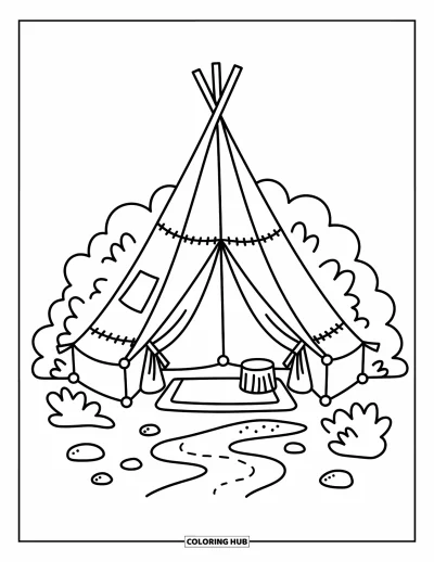 Coloriage de tente pour adultes : Tente dissimulée derrière des buissons avec des rabats ouverts, un tabouret en rondin et un ruisseau serein à proximité