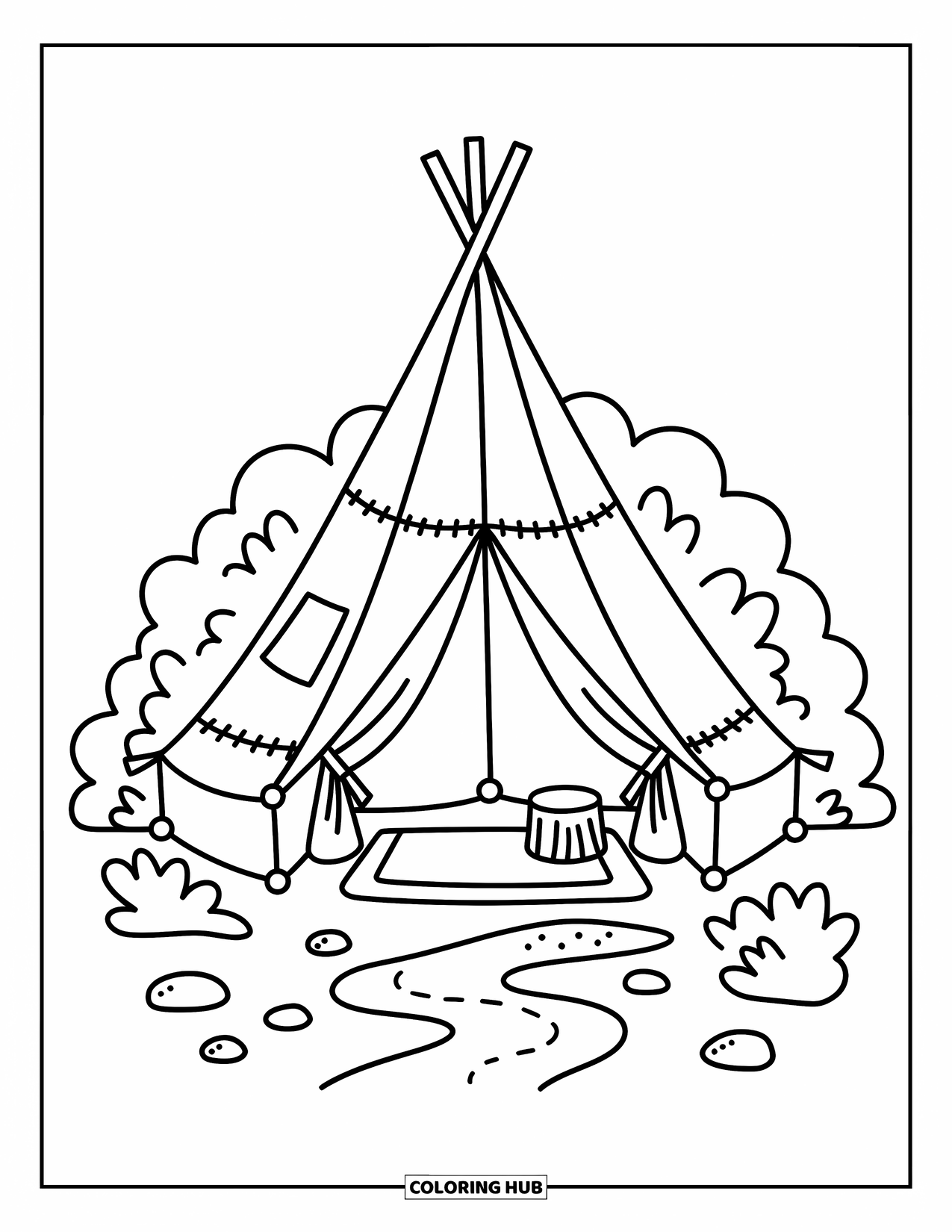 Tent Coloring Page for Adults: Tent tucked behind bushes with open flaps, log stool, and serene stream nearby